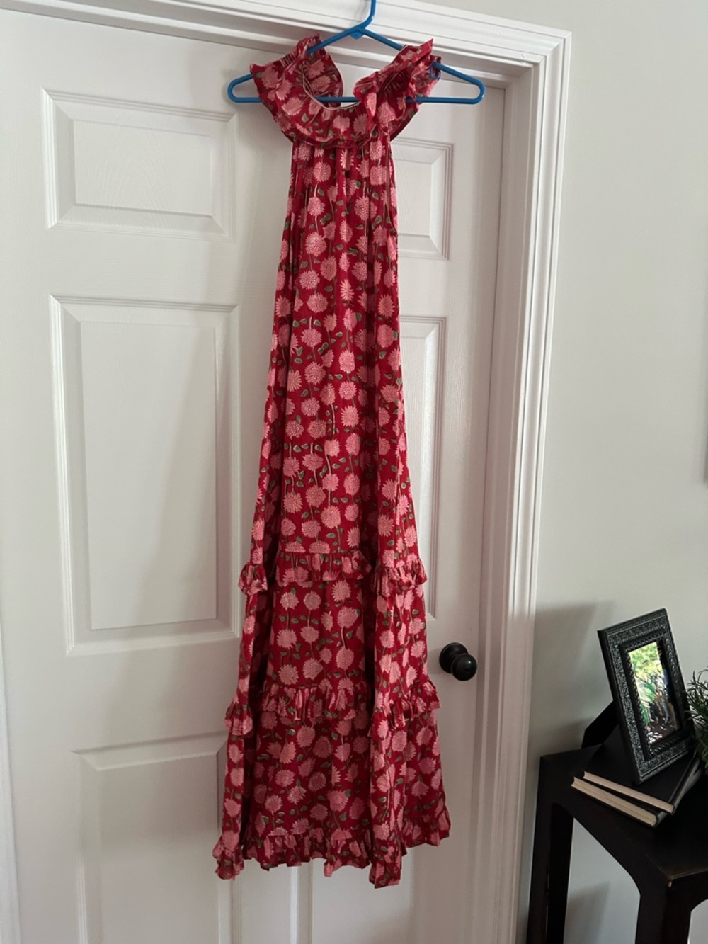 Red Floral Maxi Dress with Ruffle Details